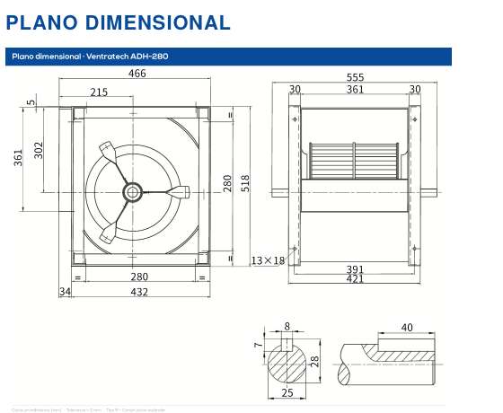 Dibujo dimensional del ventilador ADH-280R